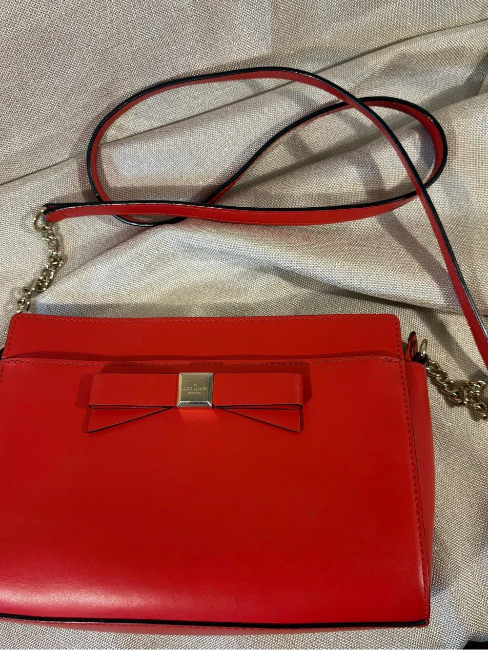 Kate Spade Red Leather Bow Crossbody Bag Gold Chain Strap
